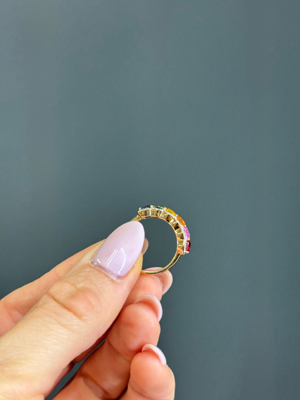 Estate 10k Yellow Gold & Natural Multi-Colored Sapphires and Diamond Puffy Ring