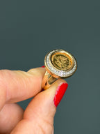 Dos Pesos 22k Coin Ring 14k Diamond Halo Bezel