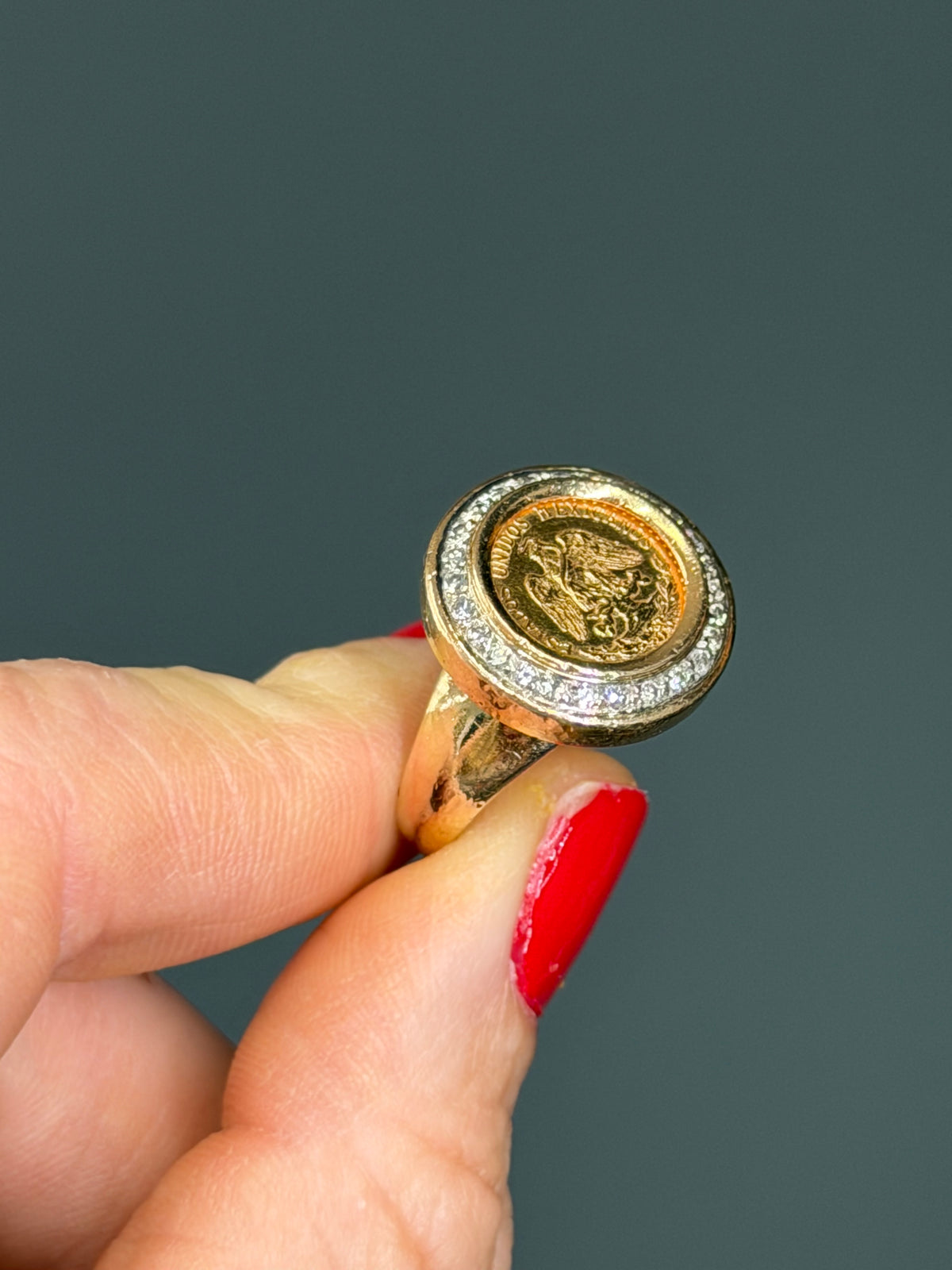 Dos Pesos 22k Coin Ring 14k Diamond Halo Bezel