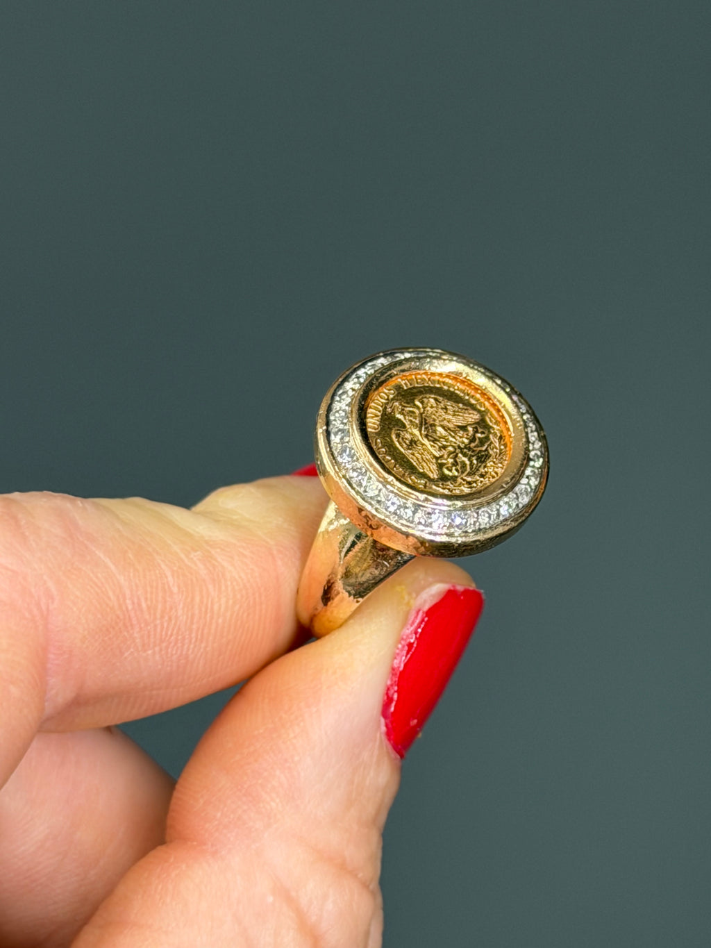 Dos Pesos 22k Coin Ring 14k Diamond Halo Bezel