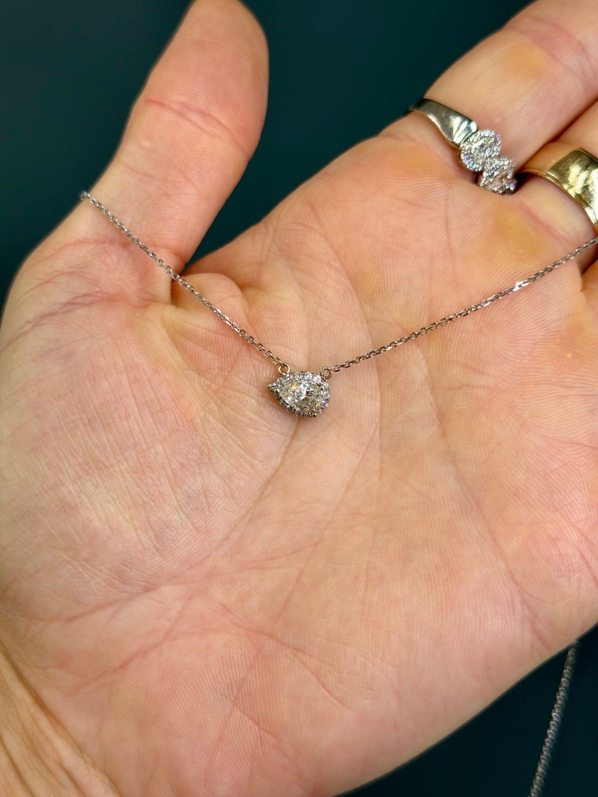 Natural Diamond Pear-Cut Halo Necklace 14k White Gold