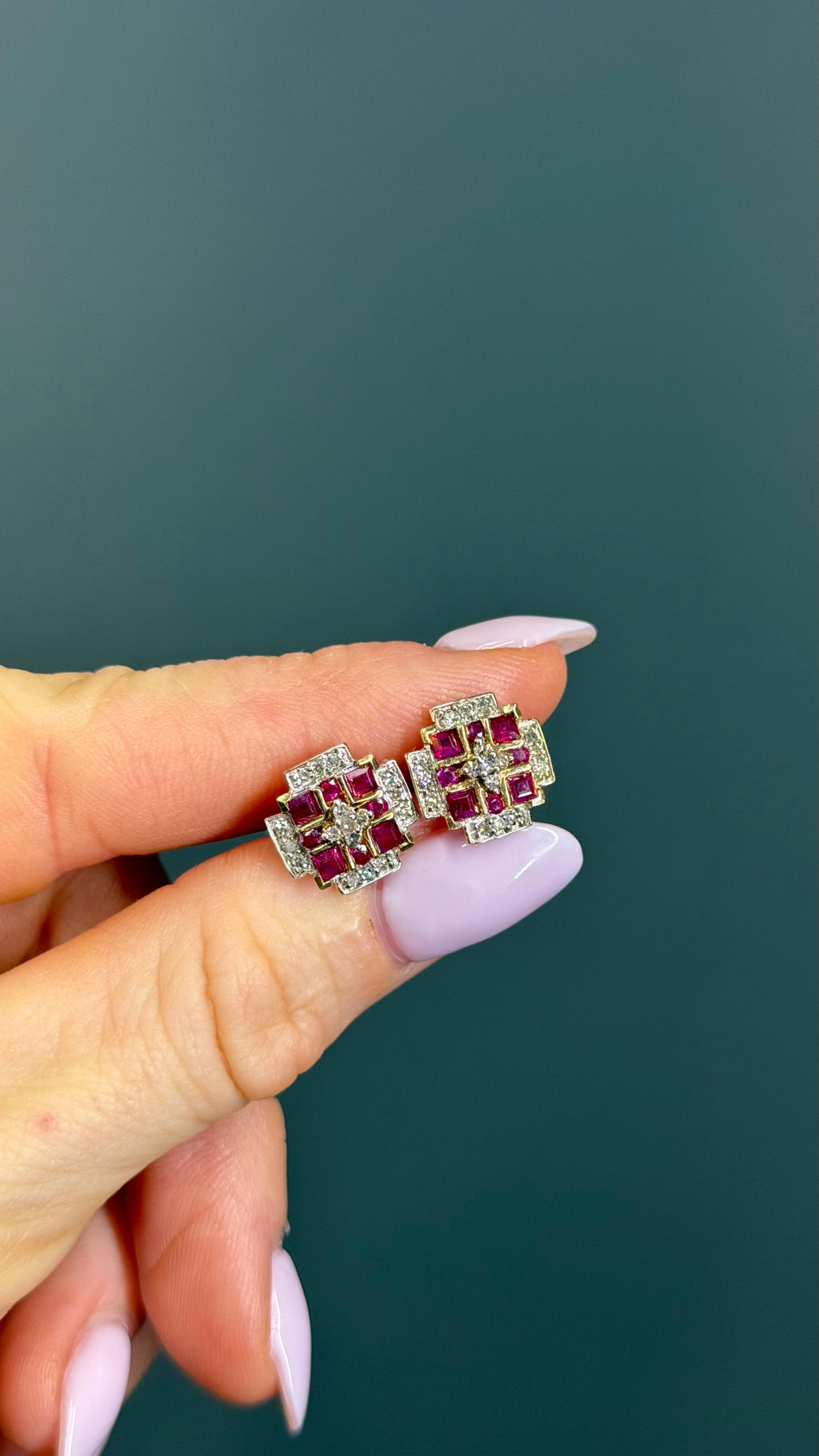 Original Vintage Natural Ruby and Diamond Geometric Earrings