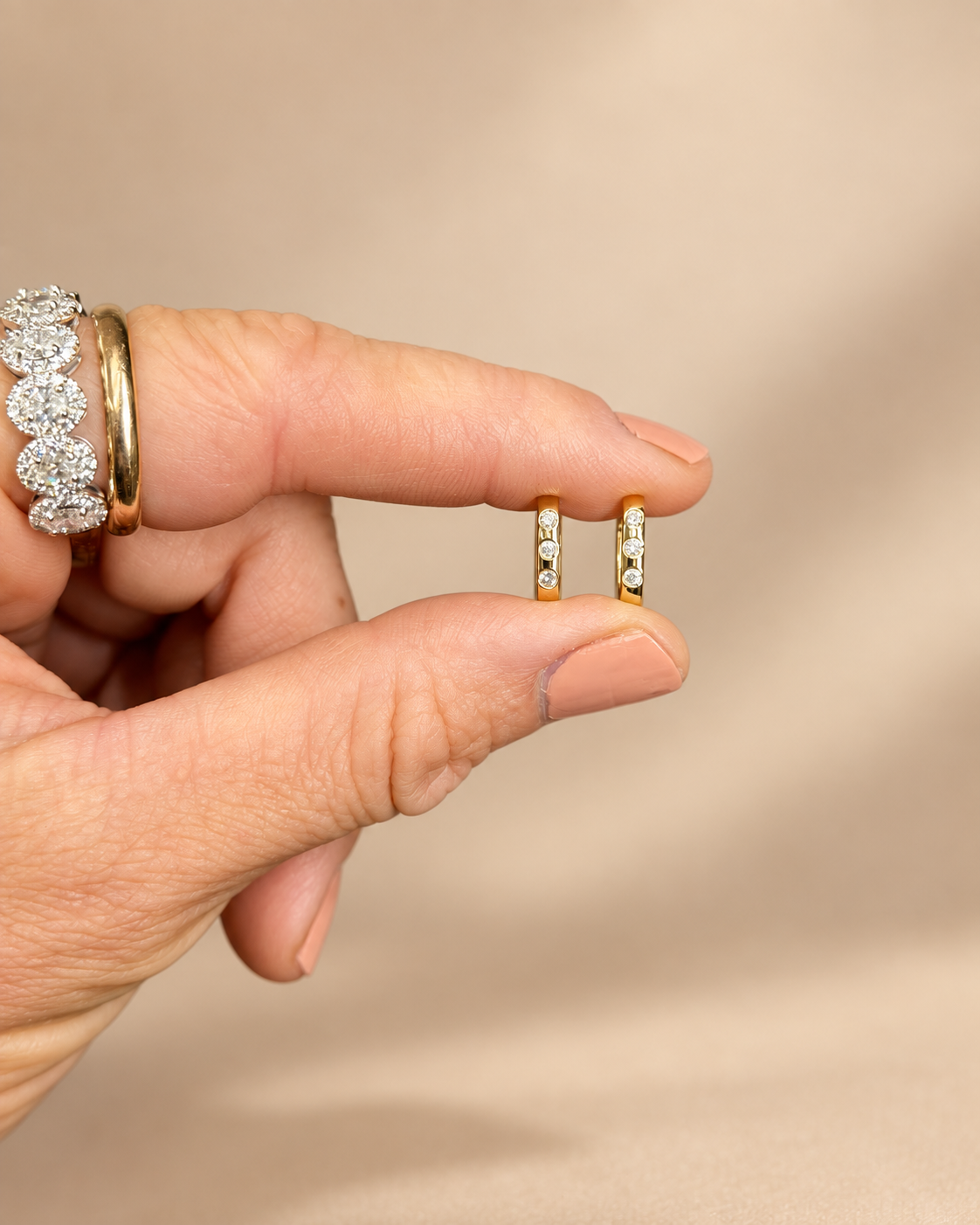 14k Yellow Gold Three-Stone Natural Diamond Huggie Hoop Earrings