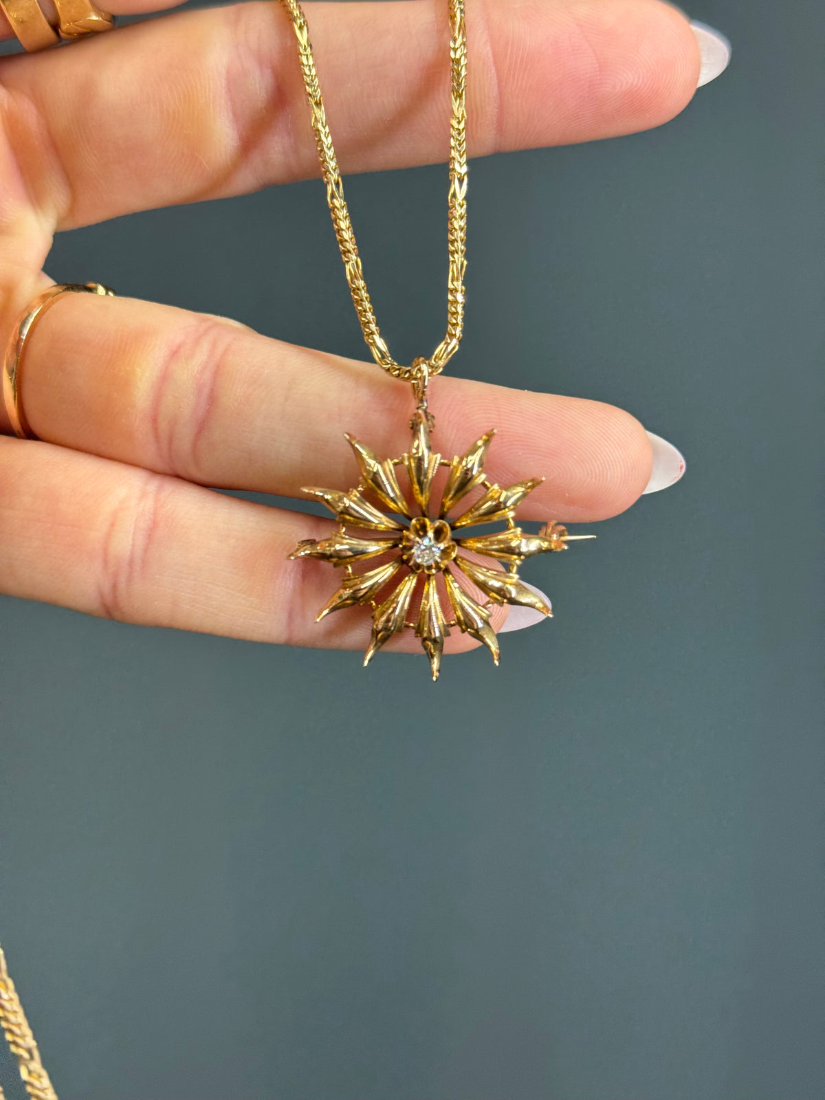 Antique 14k Yellow Gold Starburst Conversion Pendant with Old Mine Cut Diamond