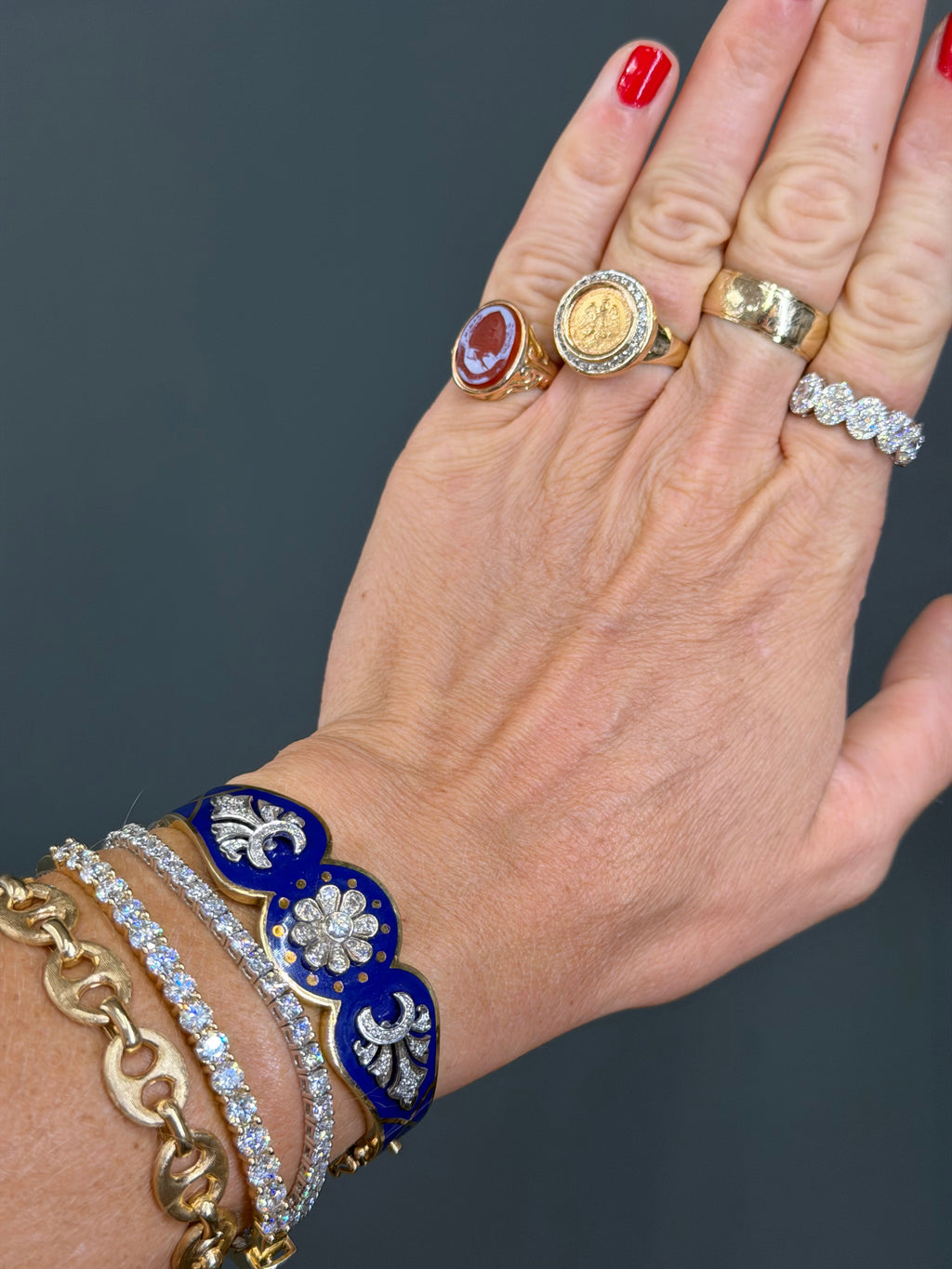 Vintage Natural Diamond and Blue Enamel Hinge Bangle 14k Yellow Gols