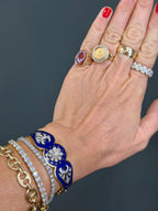 Vintage Natural Diamond and Blue Enamel Hinge Bangle 14k Yellow Gols