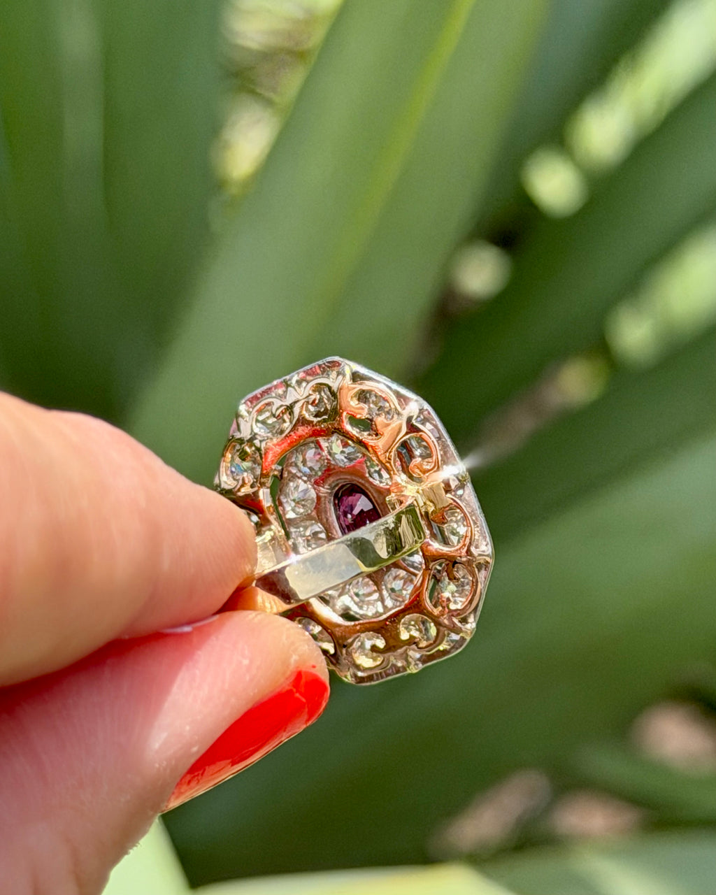 Art Deco Natural Diamond and Ruby Cabochon Target Ring