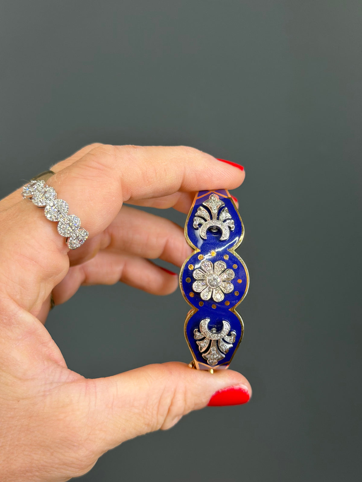 Vintage Natural Diamond and Blue Enamel Hinge Bangle 14k Yellow Gols
