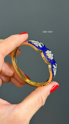 Vintage Natural Diamond and Blue Enamel Hinge Bangle 14k Yellow Gols