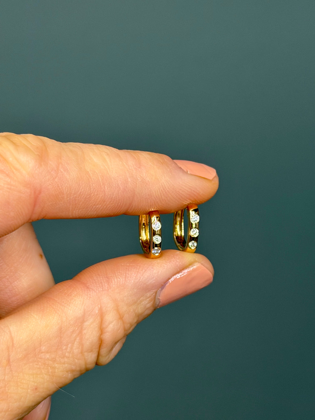 14k Yellow Gold Three-Stone Natural Diamond Huggie Hoop Earrings