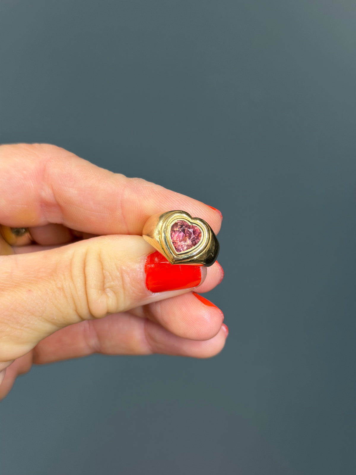 14k Yellow Gold & Pink Tourmaline Vintage Heart Signet Ring