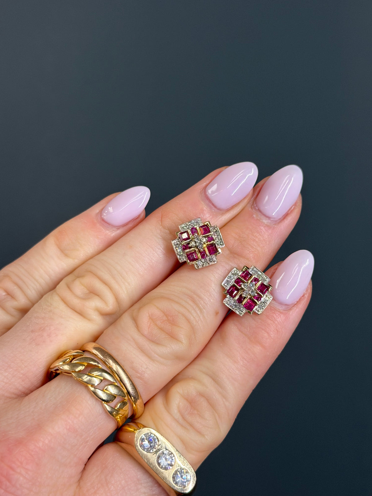 Original Vintage Natural Ruby and Diamond Geometric Earrings