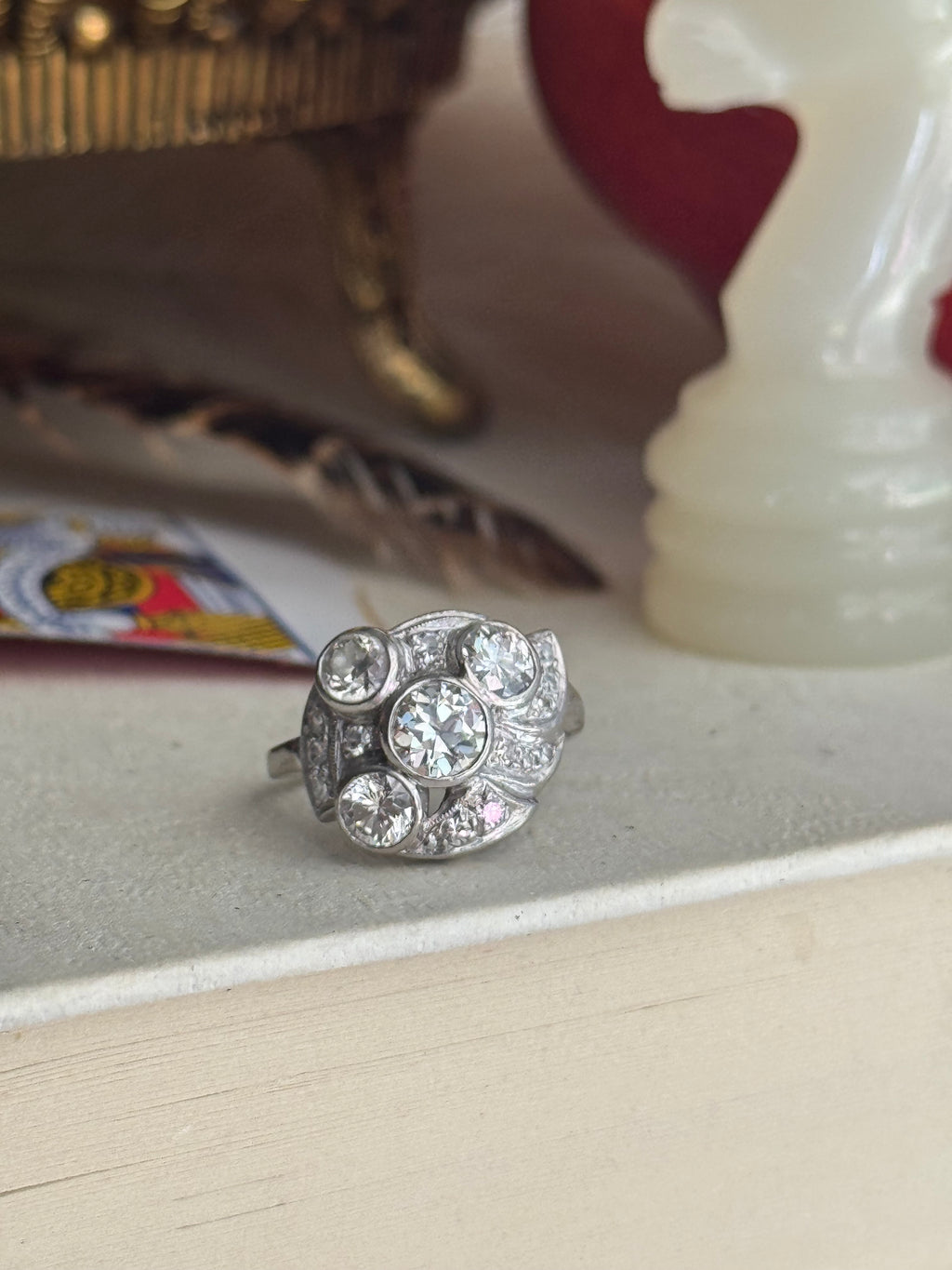 Antique 14k White Gold & Old Mine Cut Diamond Ring