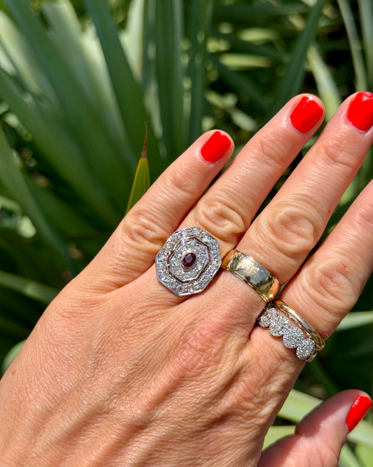 Art Deco Natural Diamond and Ruby Cabochon Target Ring