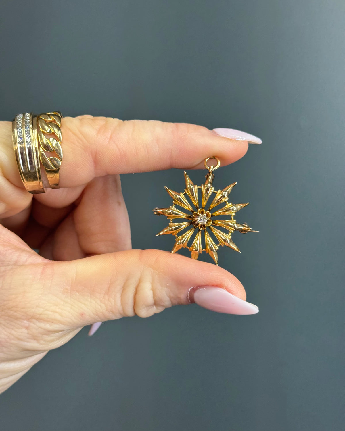 Antique 14k Yellow Gold Starburst Conversion Pendant with Old Mine Cut Diamond