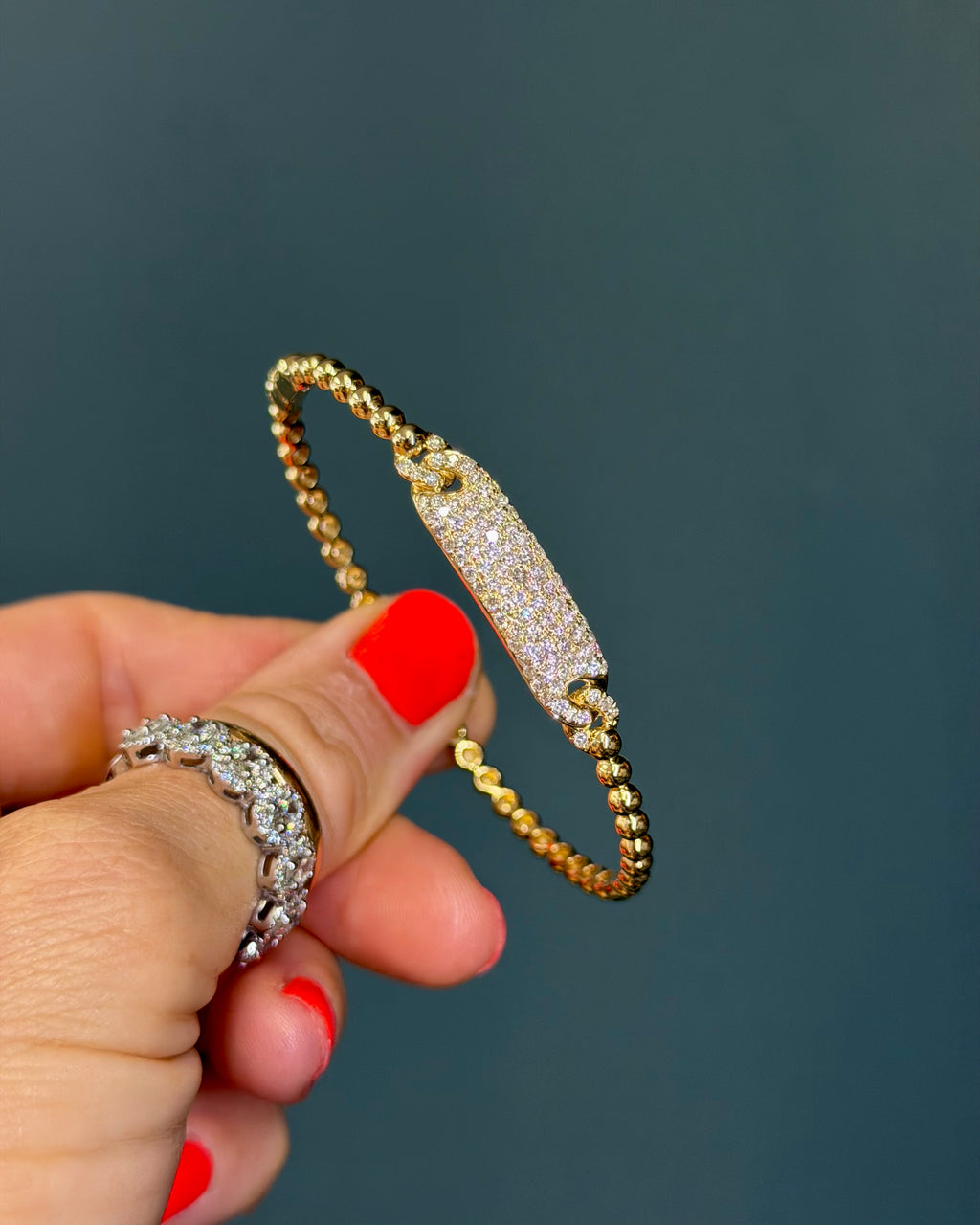 14k Yellow Gold Braided Bangle Natural Diamond Pave Bar