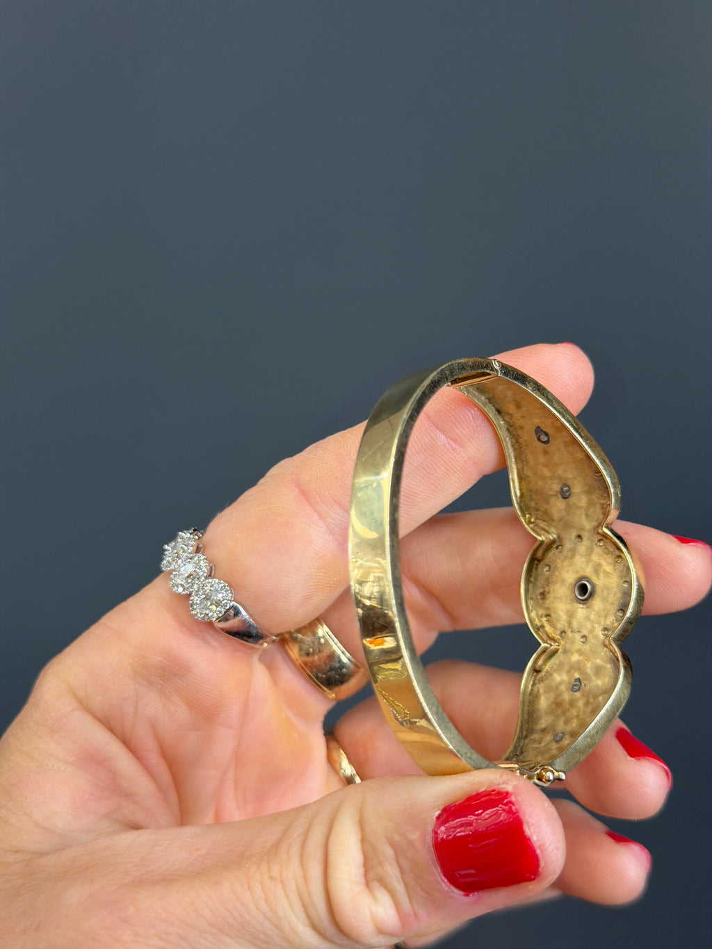Vintage Natural Diamond and Blue Enamel Hinge Bangle 14k Yellow Gols