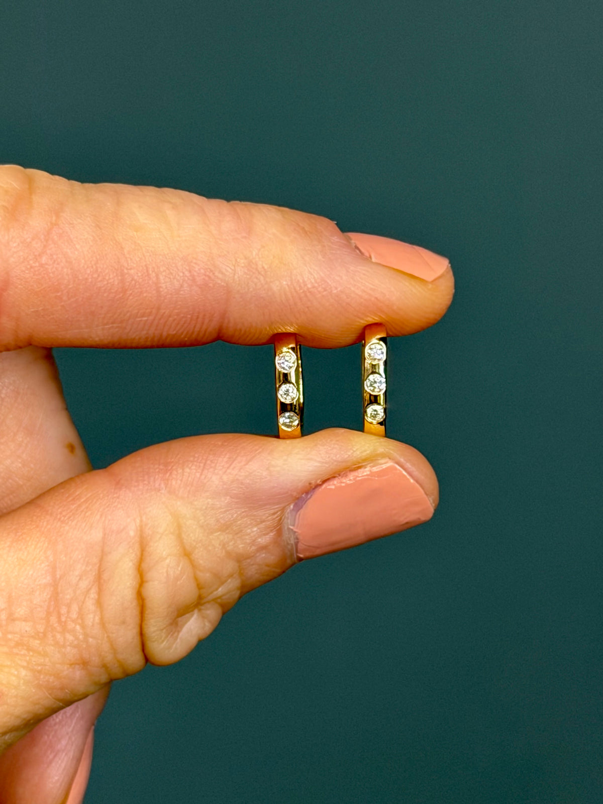 14k Yellow Gold Three-Stone Natural Diamond Huggie Hoop Earrings