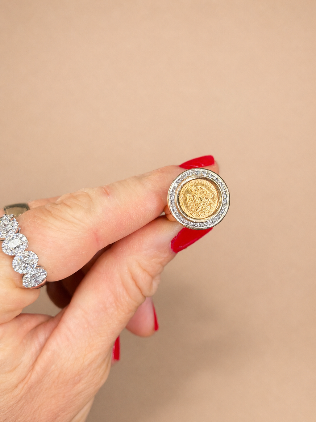 Dos Pesos 22k Coin Ring 14k Diamond Halo Bezel