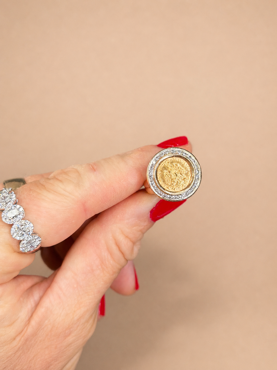 Dos Pesos 22k Coin Ring 14k Diamond Halo Bezel