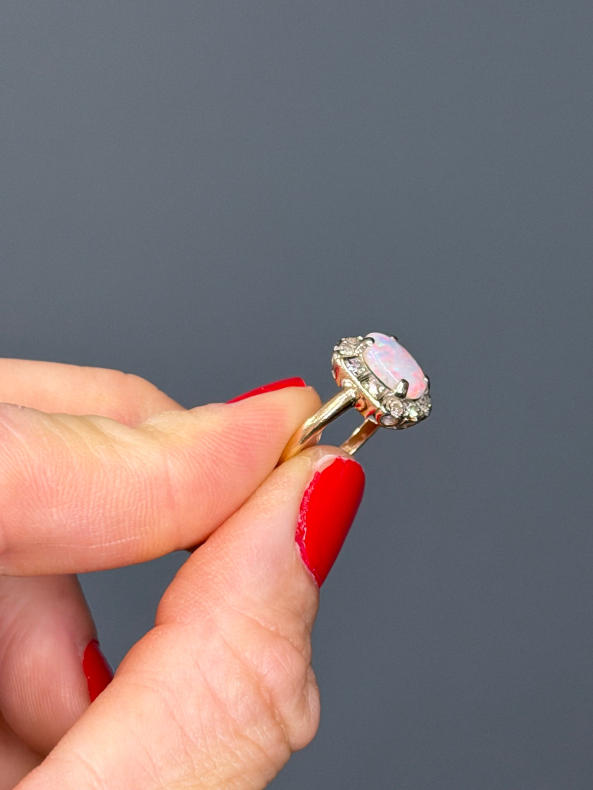 Vintage 14k Yellow Gold Natural Opal and Diamond Halo Ring