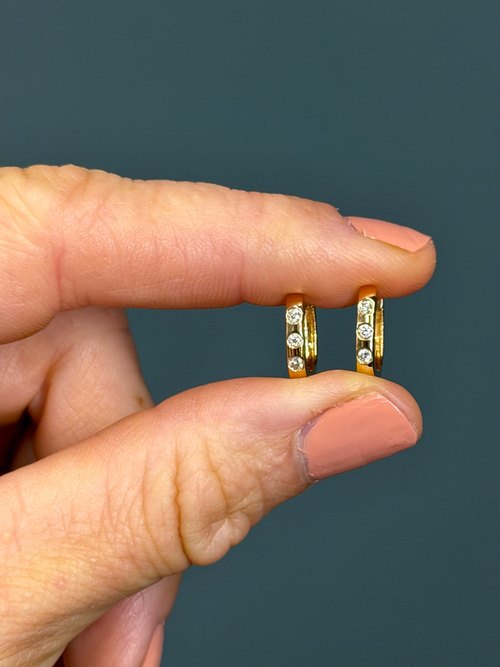 14k Yellow Gold Three-Stone Natural Diamond Huggie Hoop Earrings