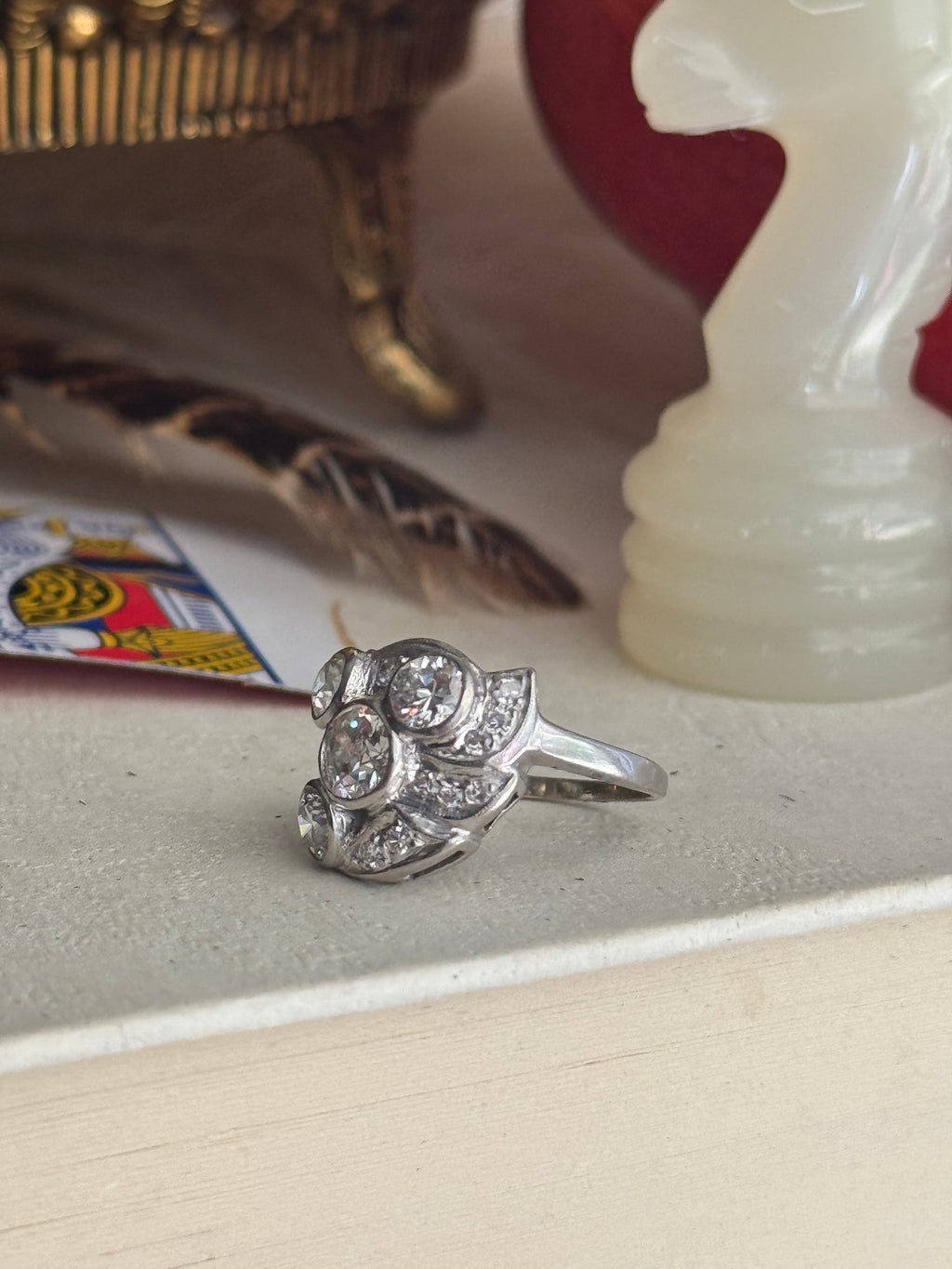 Antique 14k White Gold & Old Mine Cut Diamond Ring