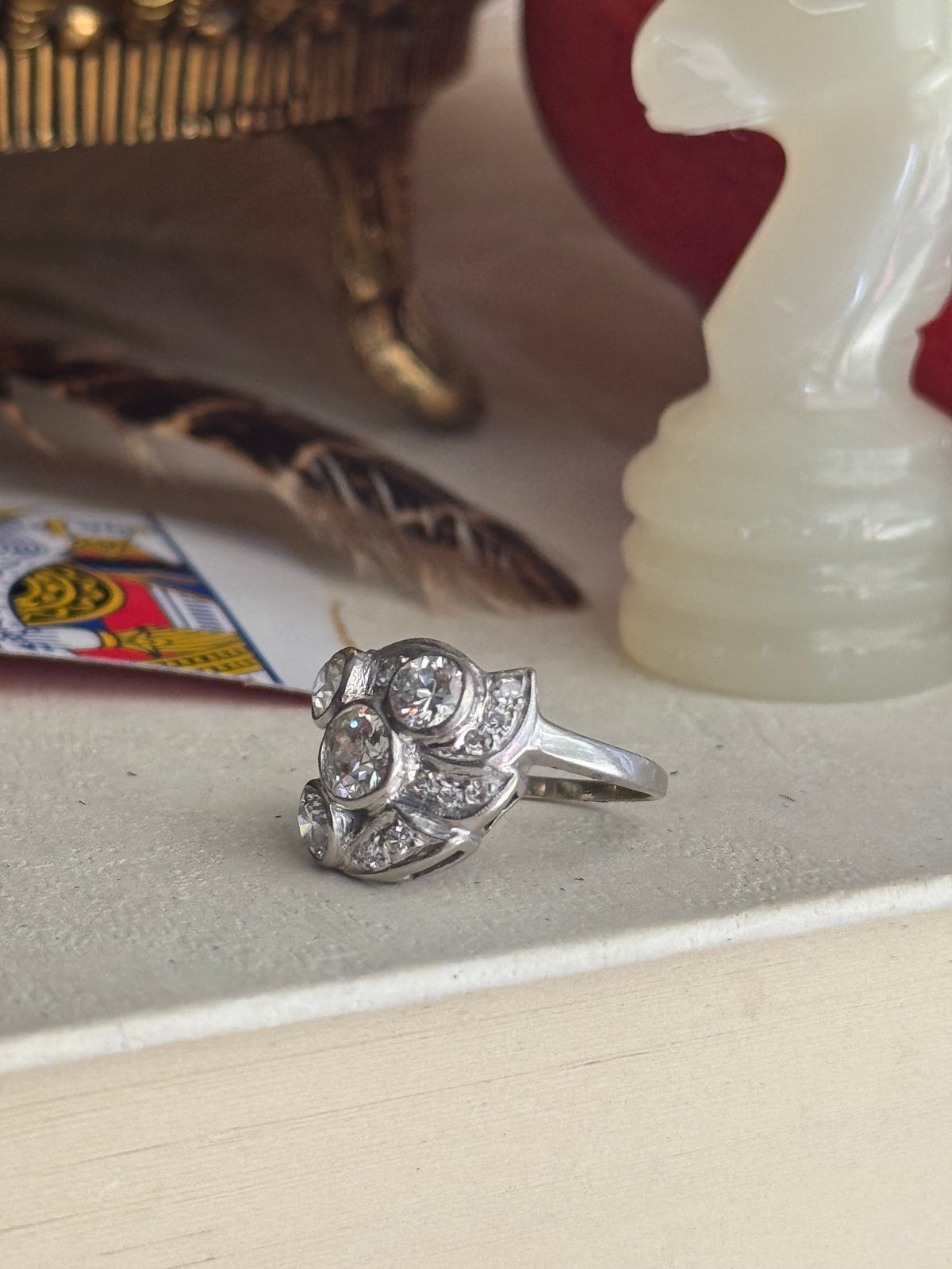 Antique 14k White Gold & Old Mine Cut Diamond Ring