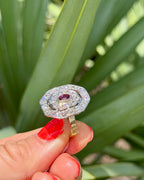 Art Deco Natural Diamond and Ruby Cabochon Target Ring
