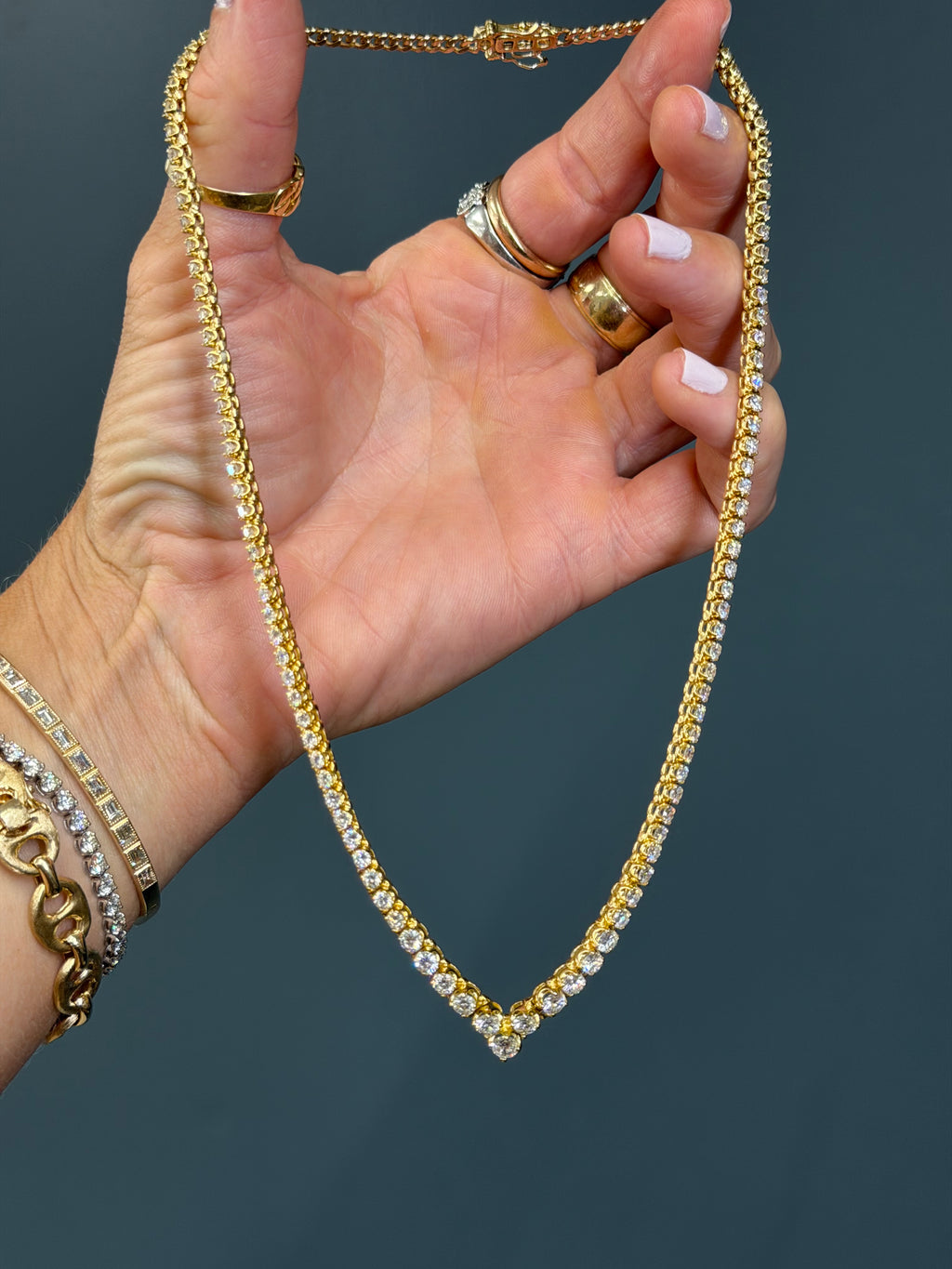 Vintage 18k Yellow Gold Riviera Natural Diamond Tennis Necklace