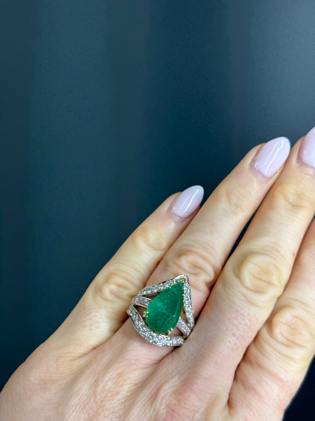 Estate Natural Pear-Cut 6.5 carat Emerald with 2 carats Natural Diamonds in 18k Yellow Gold