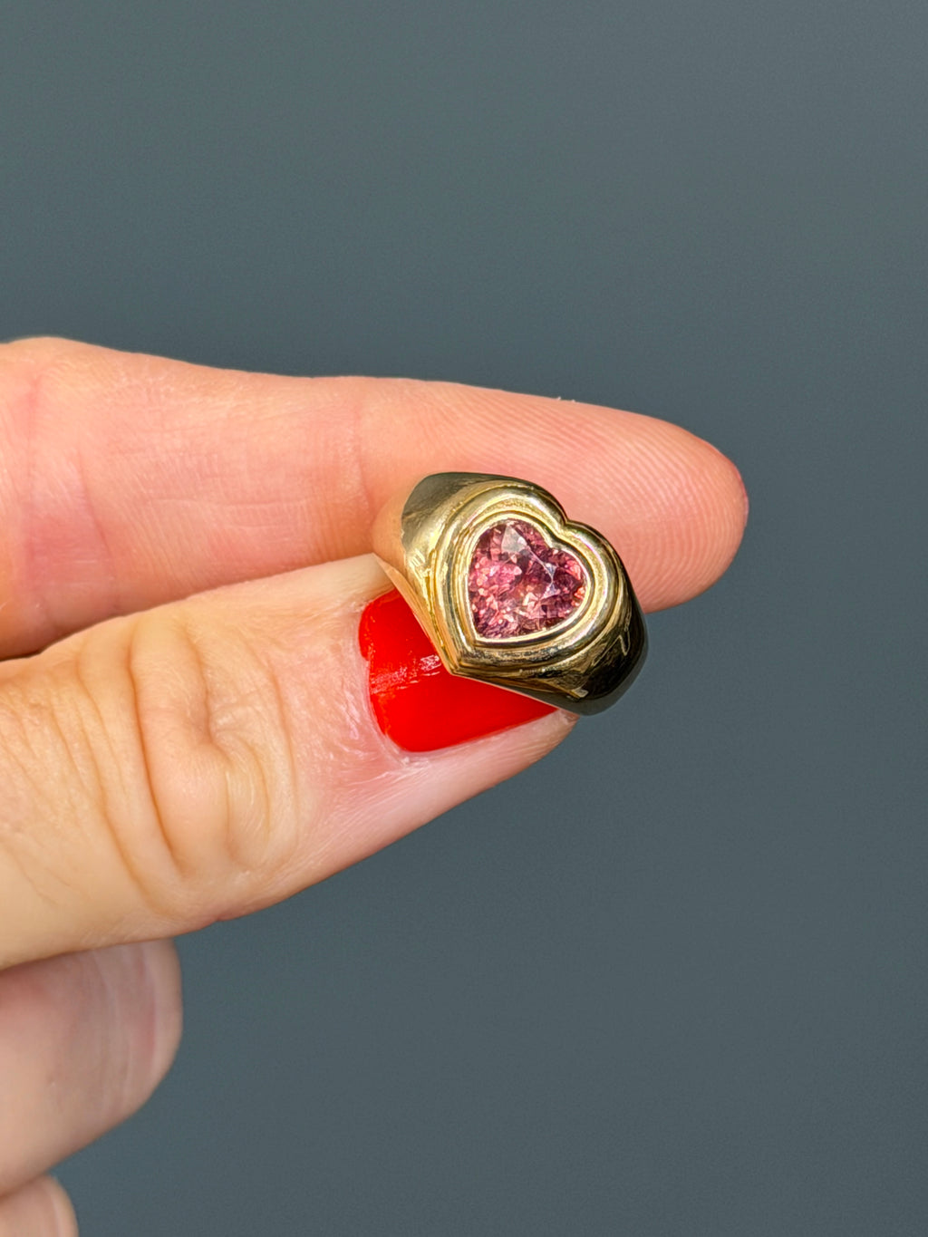 14k Yellow Gold & Pink Tourmaline Vintage Heart Signet Ring