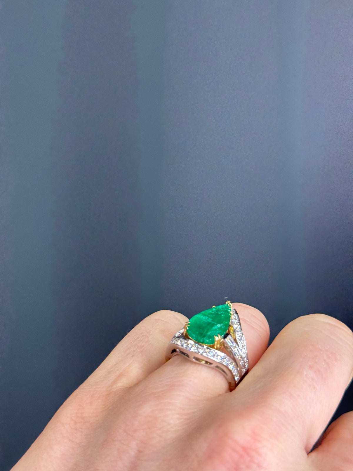 Estate Natural Pear-Cut 6.5 carat Emerald with 2 carats Natural Diamonds in 18k Yellow Gold