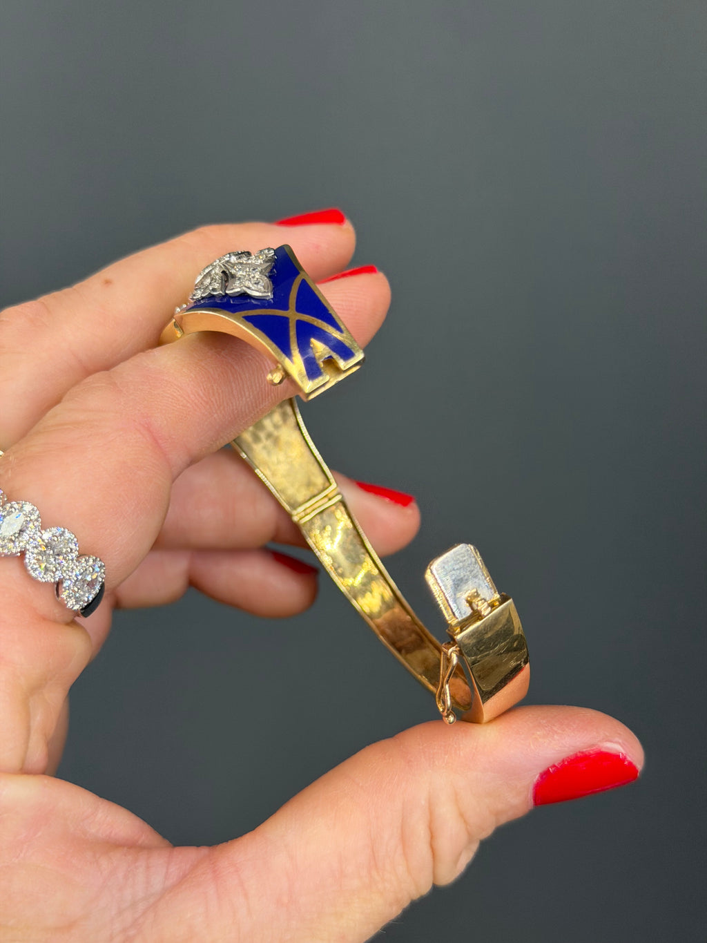Vintage Natural Diamond and Blue Enamel Hinge Bangle 14k Yellow Gols