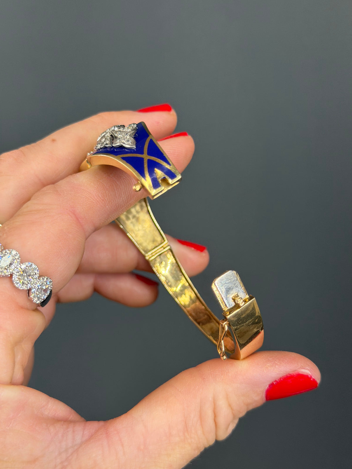 Vintage Natural Diamond and Blue Enamel Hinge Bangle 14k Yellow Gols