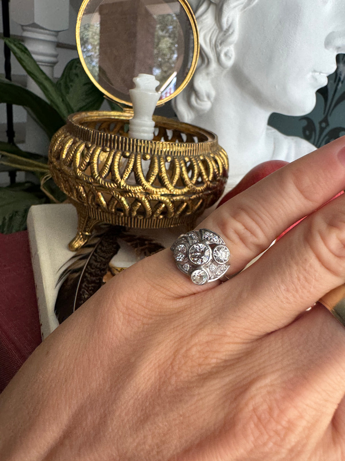 Antique 14k White Gold & Old Mine Cut Diamond Ring