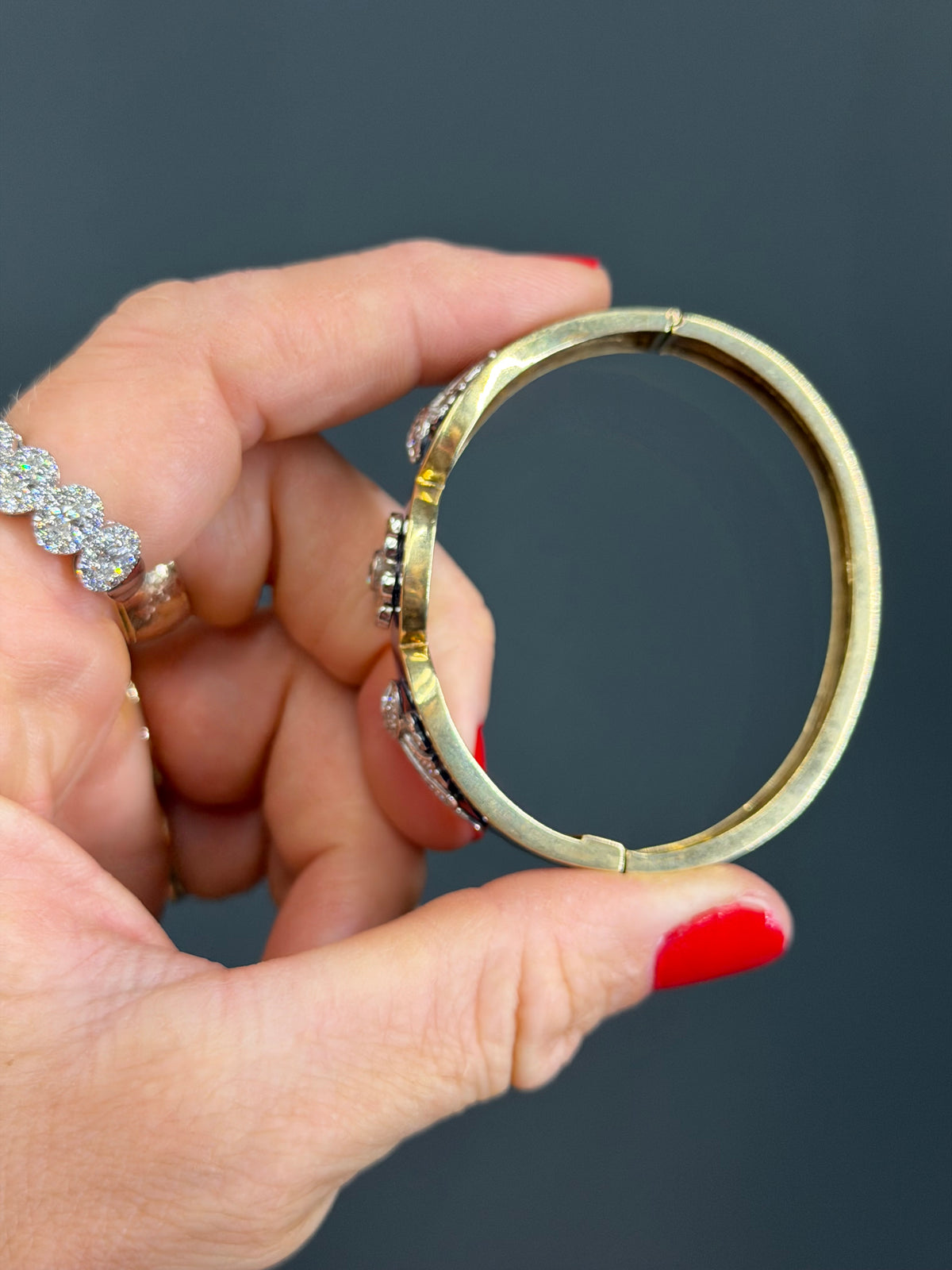 Vintage Natural Diamond and Blue Enamel Hinge Bangle 14k Yellow Gols