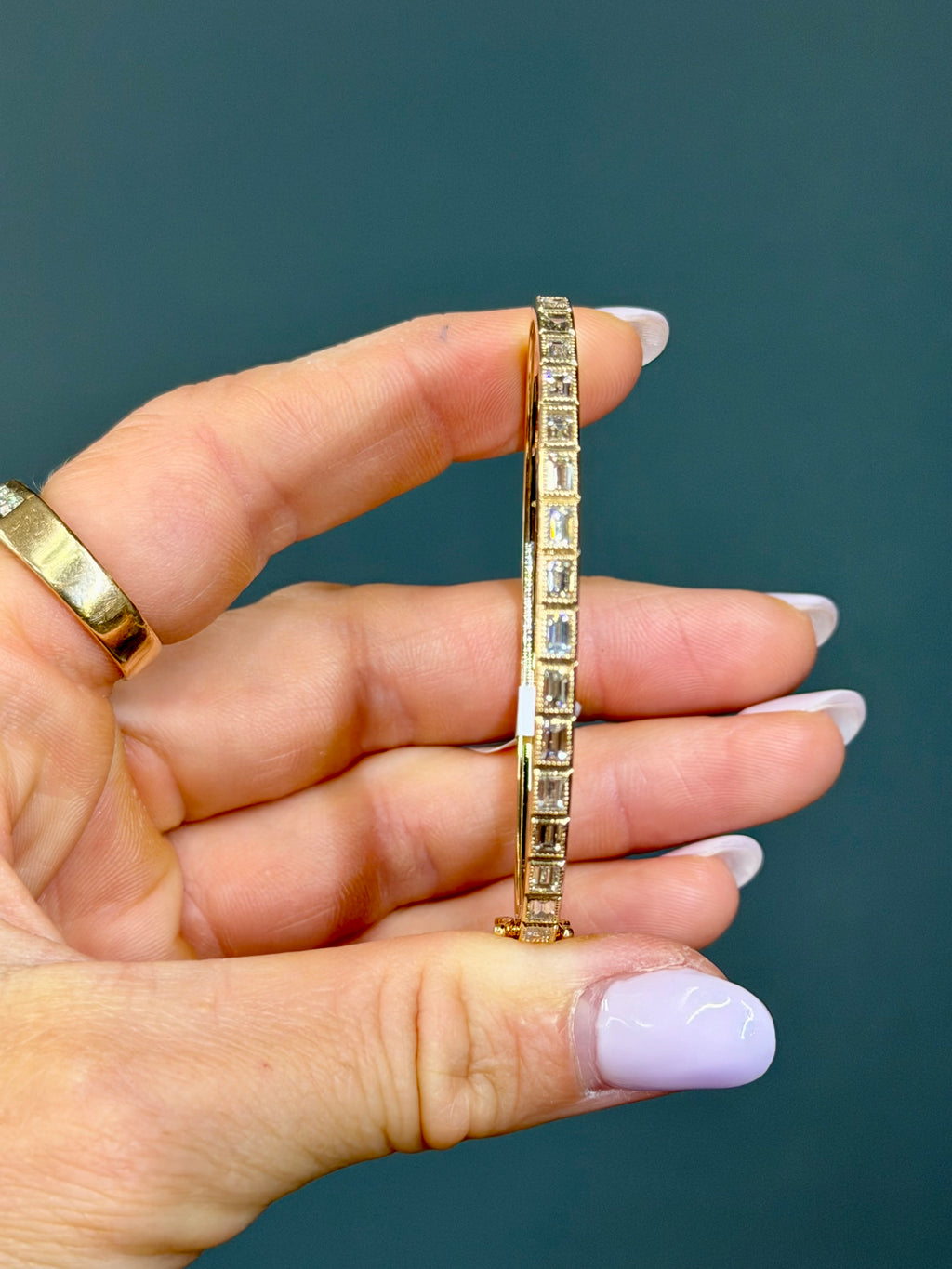 14k Yellow Gold Emerald Cut Natural Diamond Bangle Bracelet