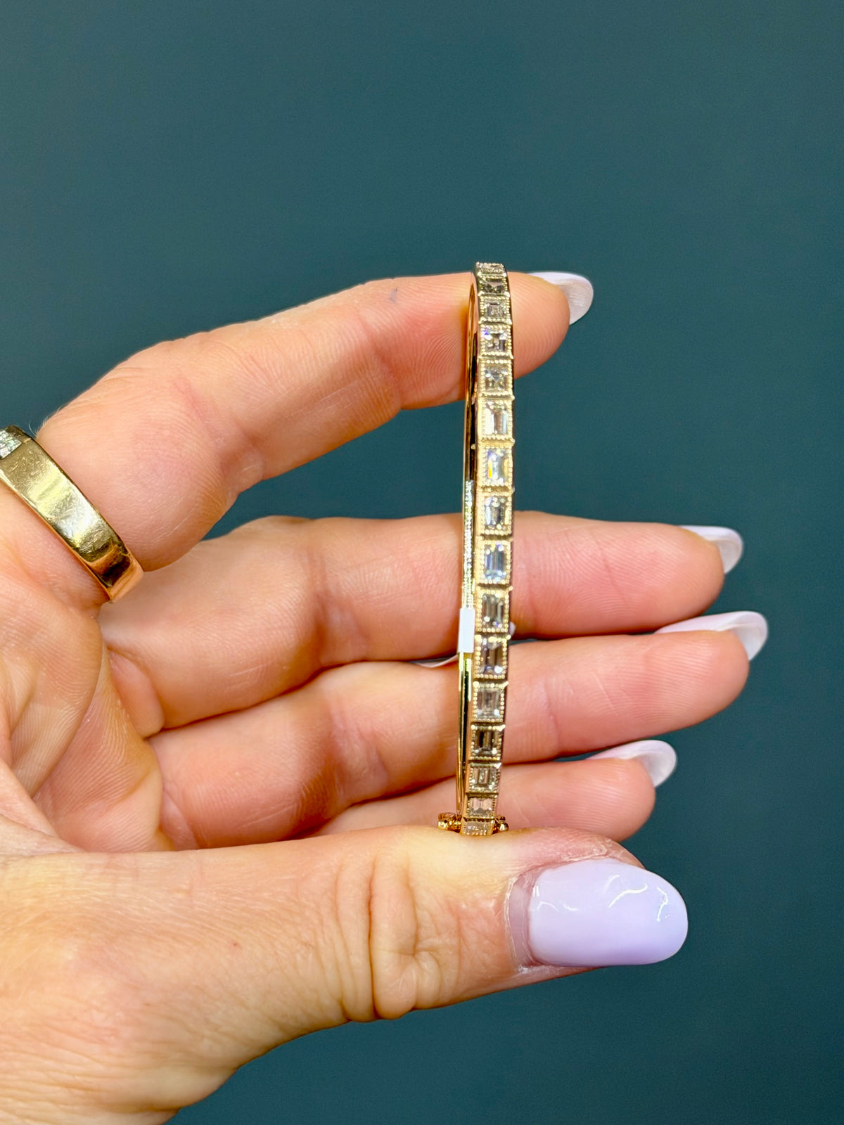 14k Yellow Gold Emerald Cut Natural Diamond Bangle Bracelet