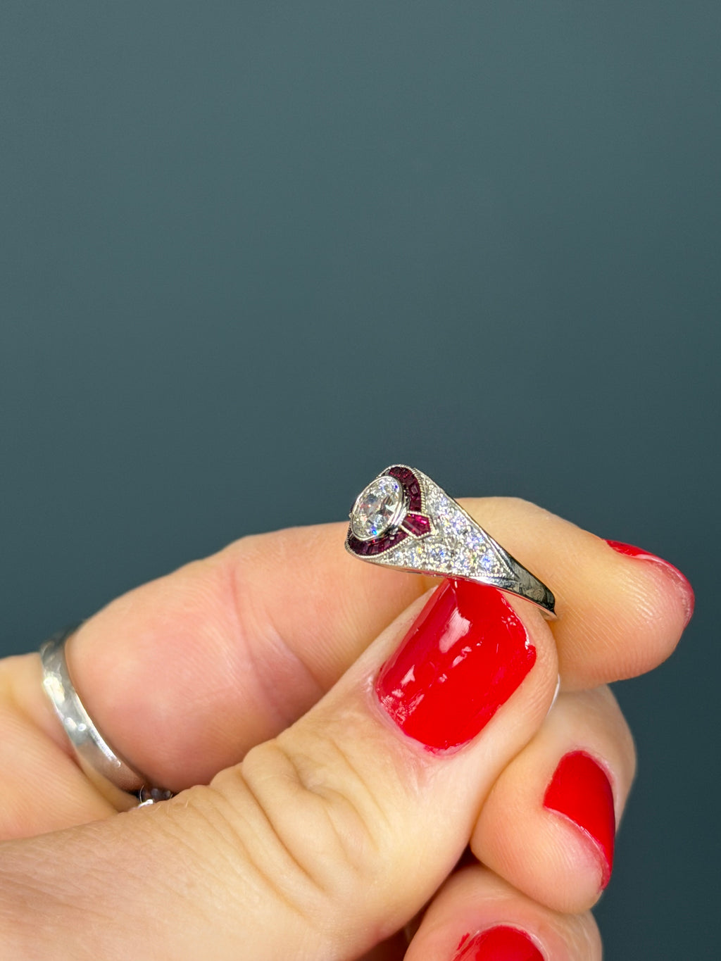 Vintage Inspired Natural Ruby & Diamond Ring 3/4 cttw 14k White Gold