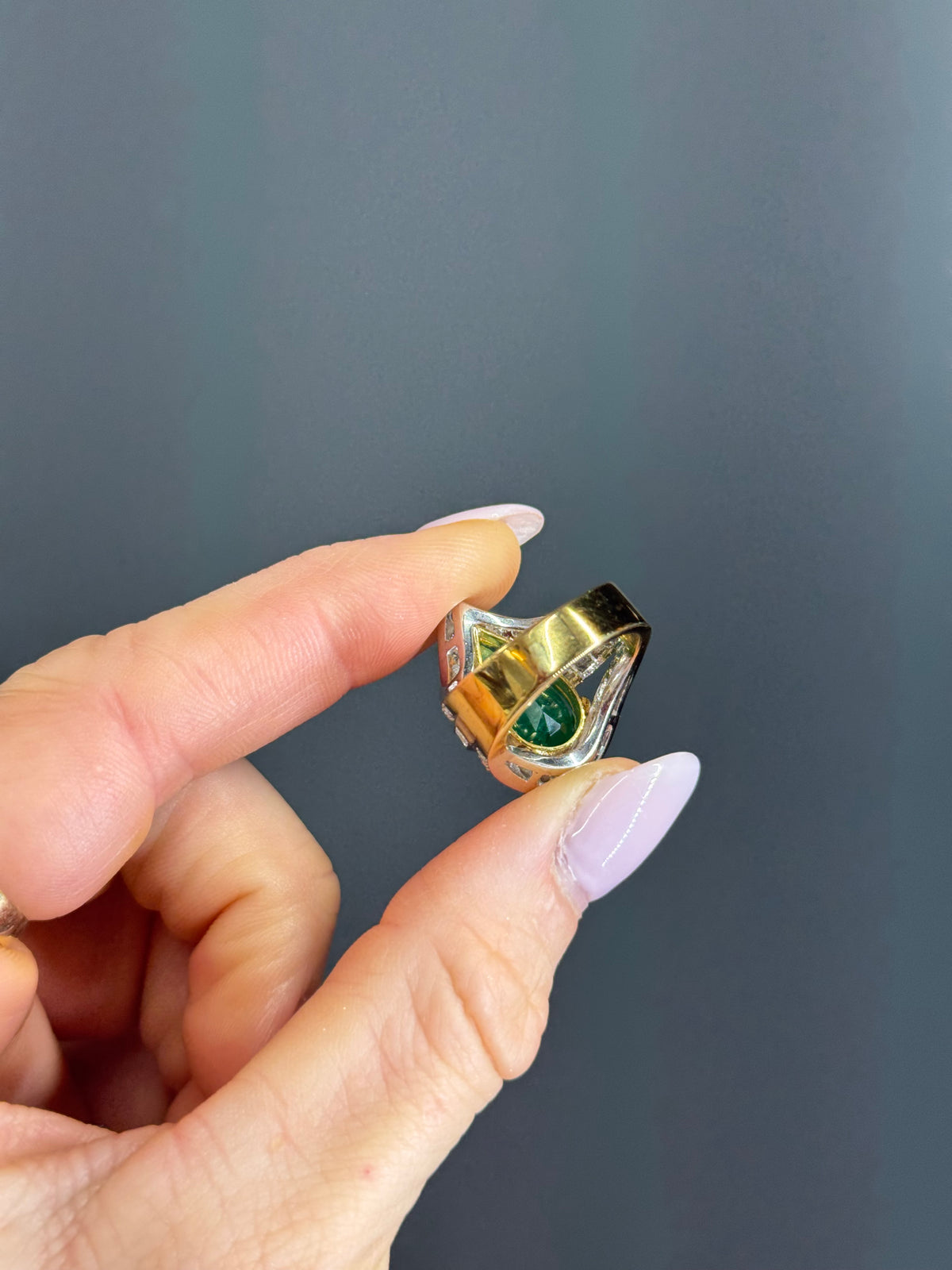 Estate Natural Pear-Cut 6.5 carat Emerald with 2 carats Natural Diamonds in 18k Yellow Gold