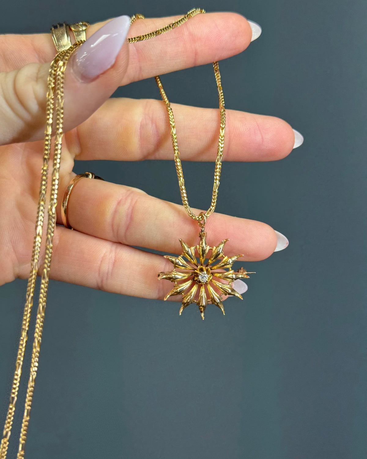 Antique 14k Yellow Gold Starburst Conversion Pendant with Old Mine Cut Diamond