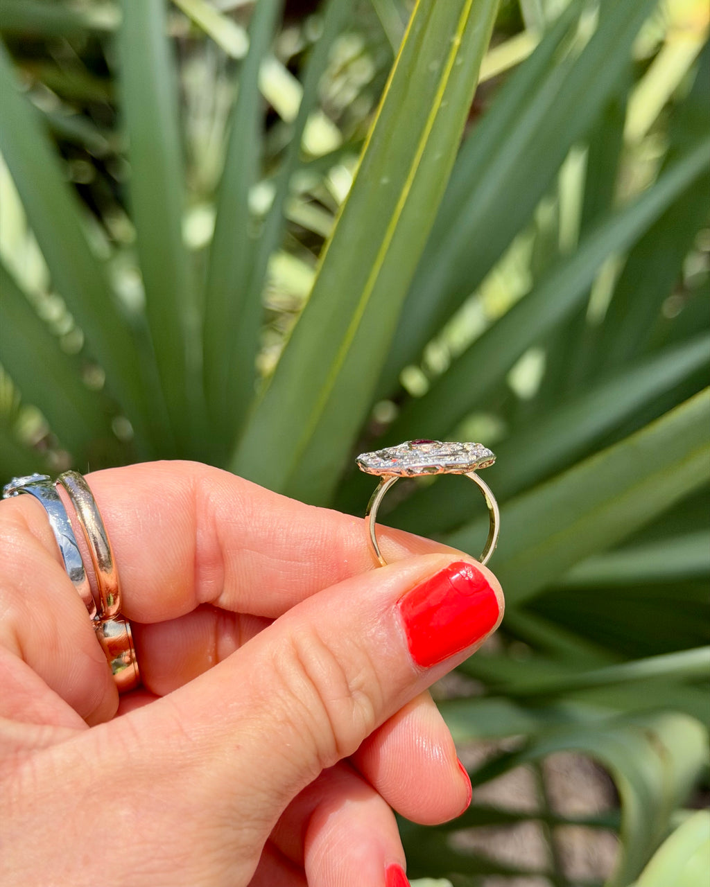 Art Deco Natural Diamond and Ruby Cabochon Target Ring