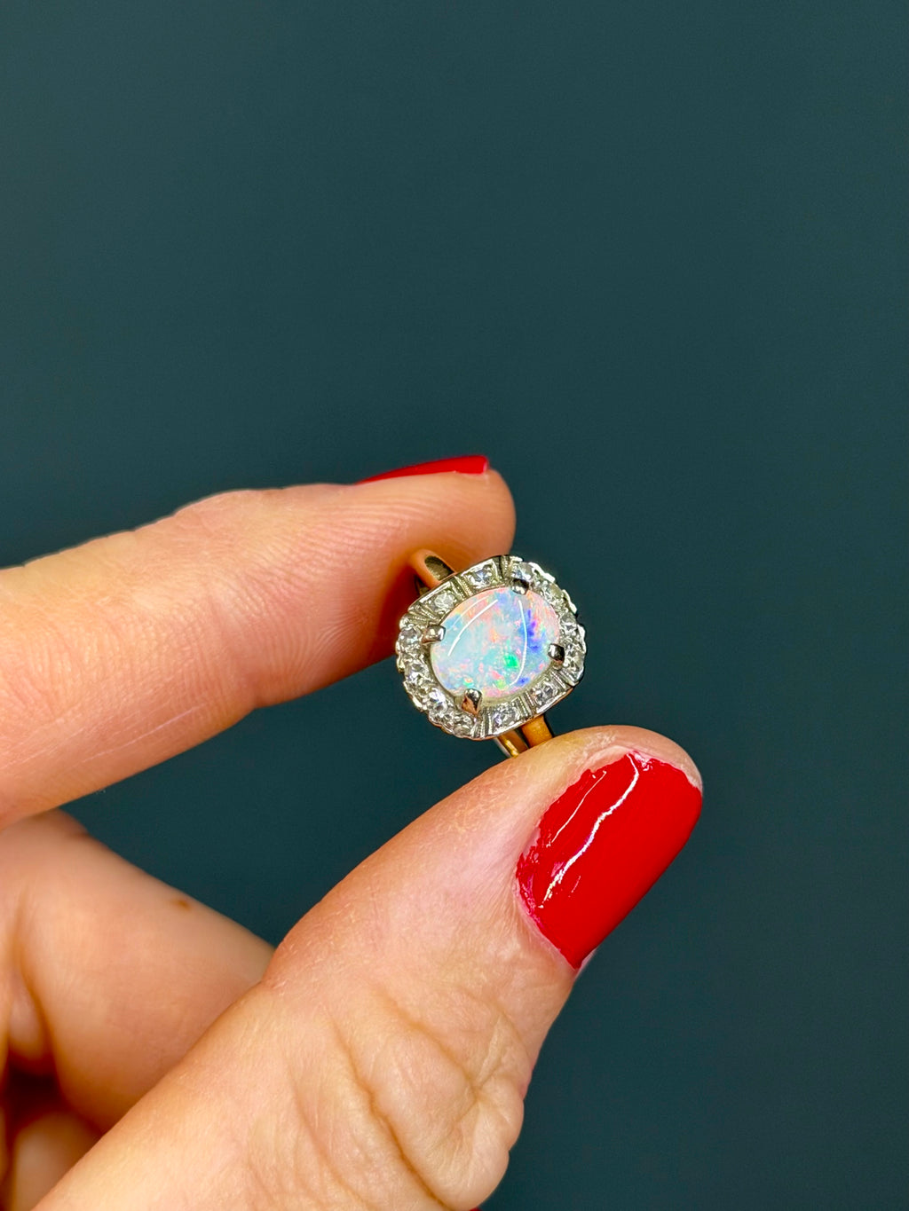 Vintage 14k Yellow Gold Natural Opal and Diamond Halo Ring