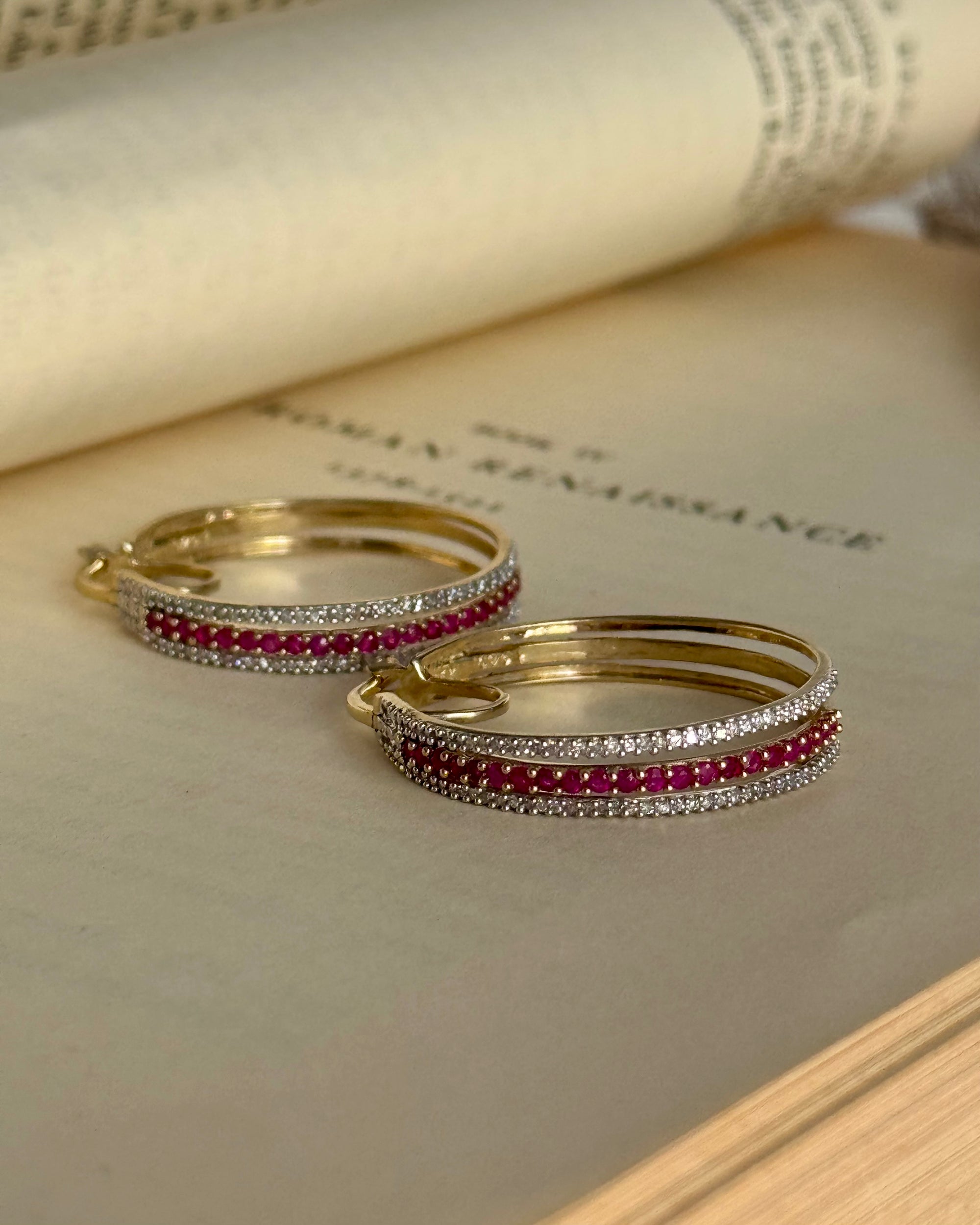 Vintage 14k Yellow Gold Natural Ruby & Diamond Hoops