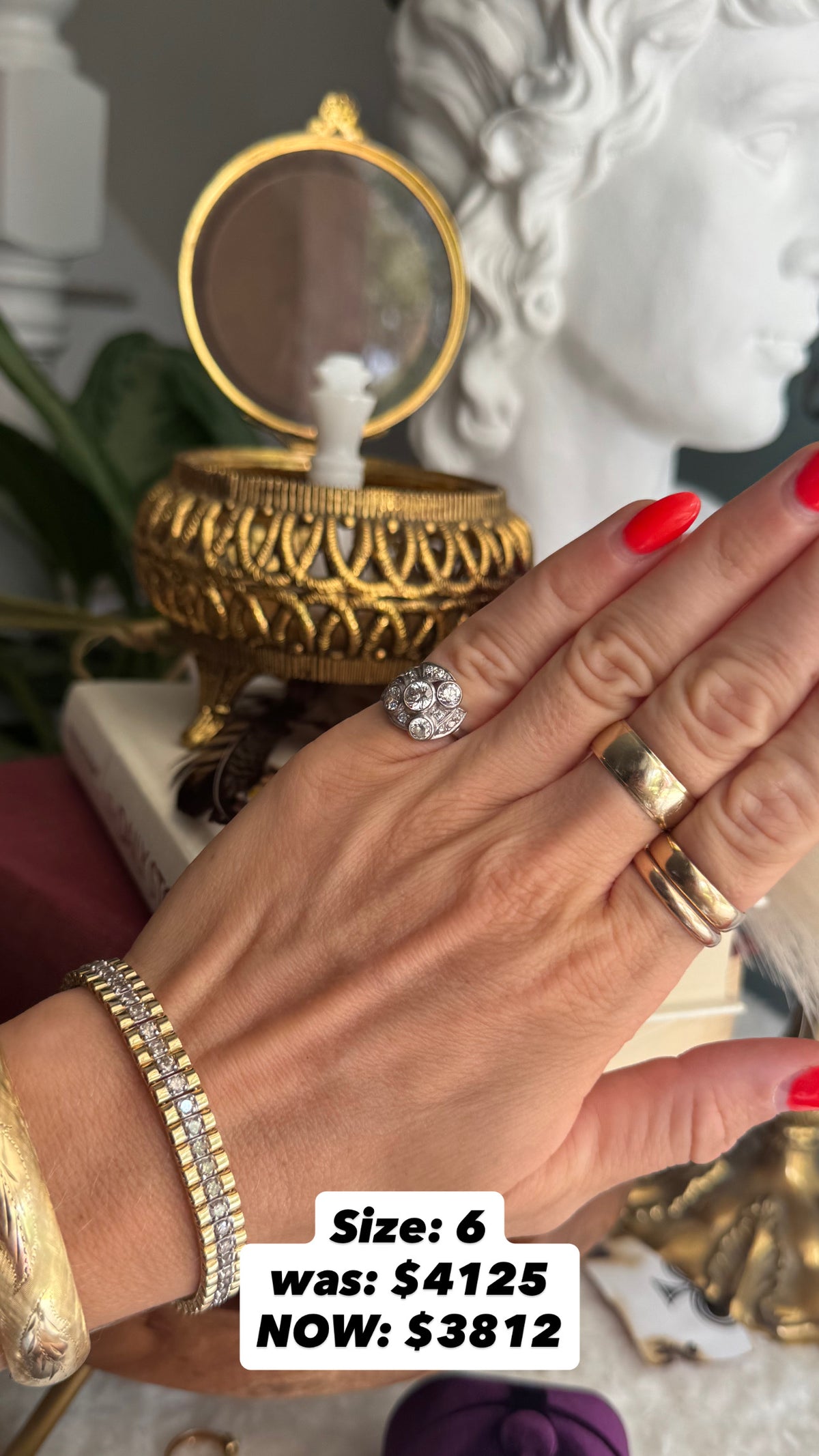 Antique 14k White Gold & Old Mine Cut Diamond Ring