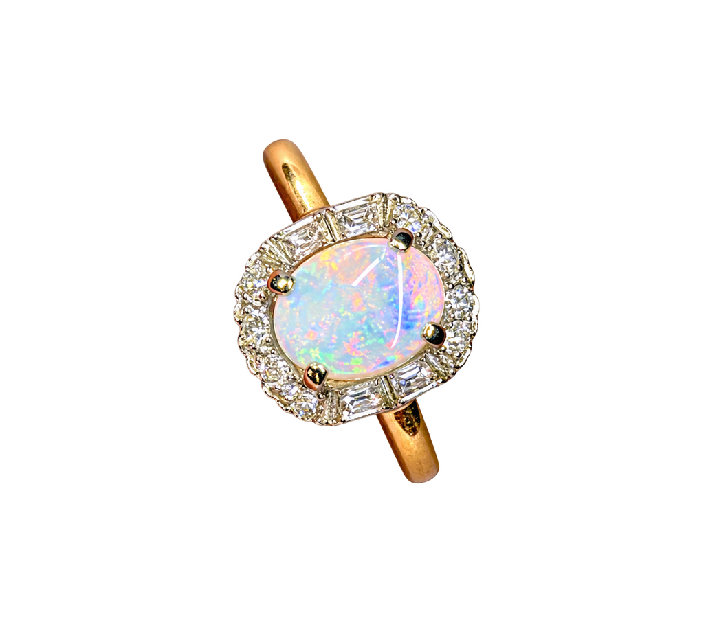 Vintage 14k Yellow Gold Natural Opal and Diamond Halo Ring