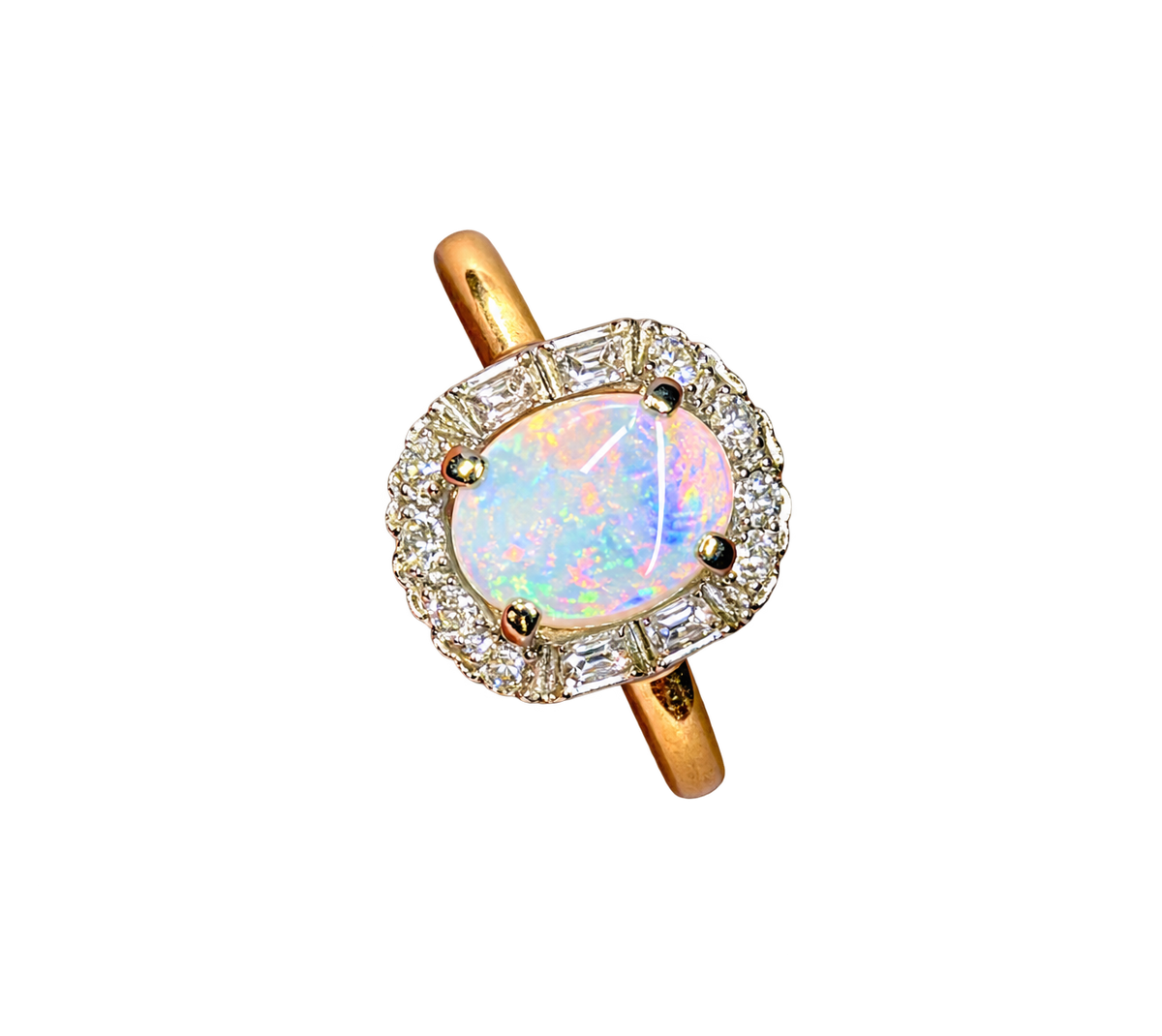 Vintage 14k Yellow Gold Natural Opal and Diamond Halo Ring