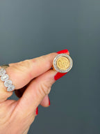 Dos Pesos 22k Coin Ring 14k Diamond Halo Bezel