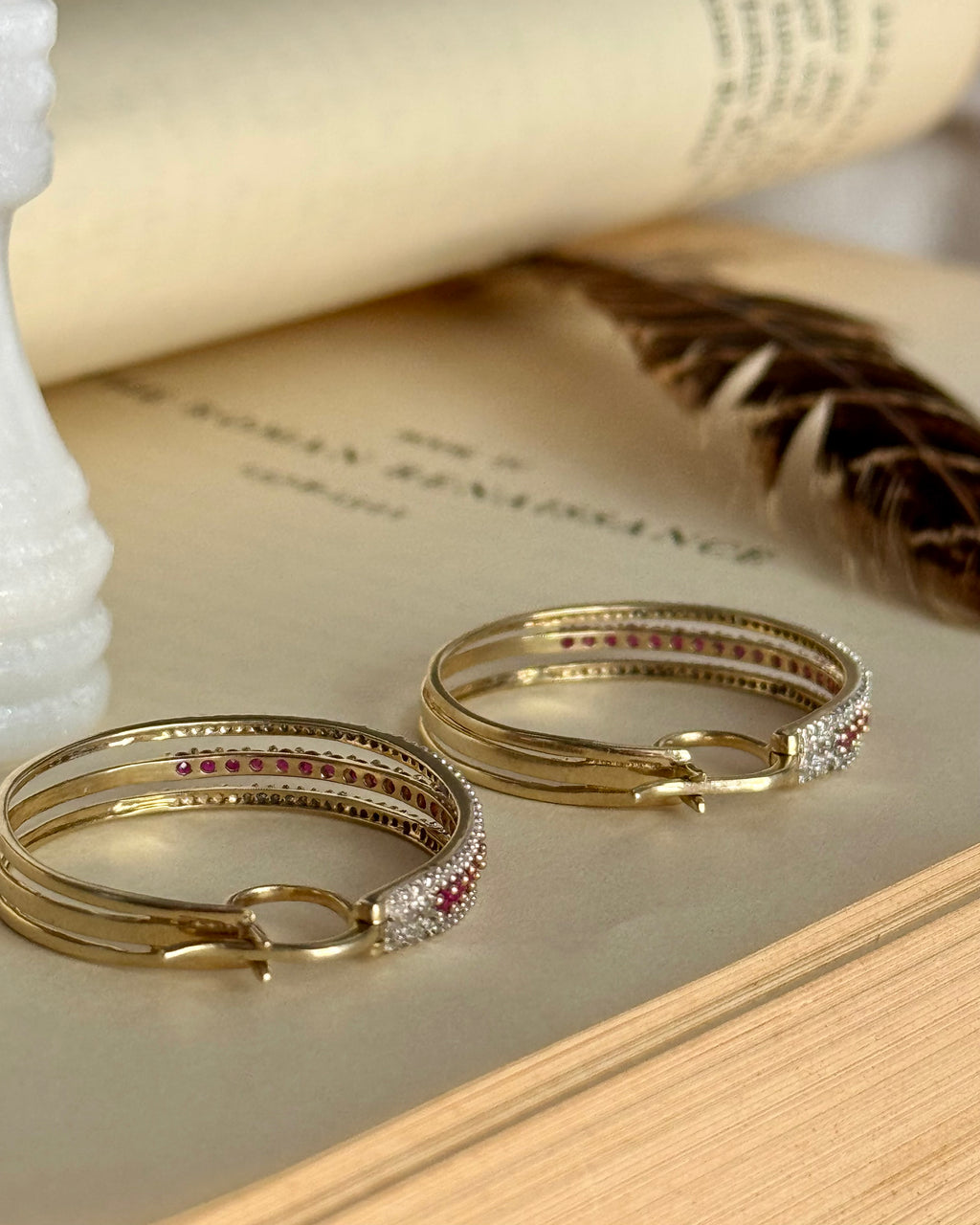 Vintage 14k Yellow Gold Natural Ruby & Diamond Hoops